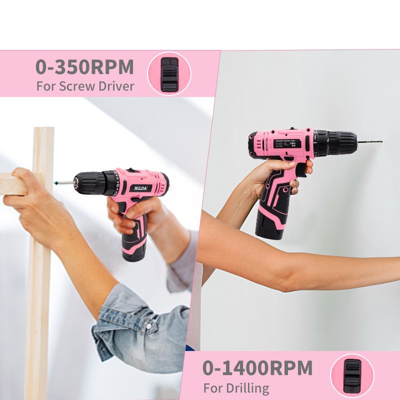 Power Tools Pink - Różowa wiertarka ręczna 10mm, dwubiegowa, udarowa,